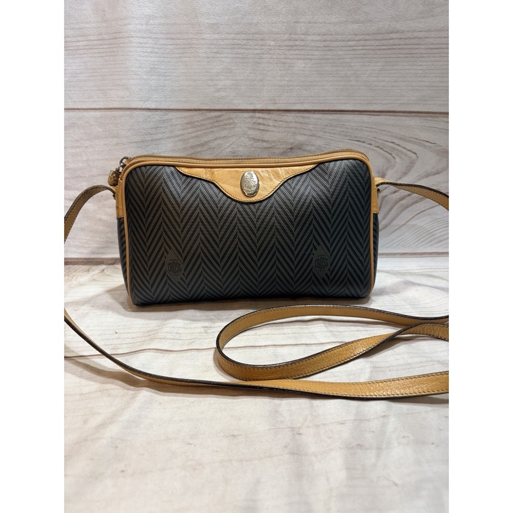 Vintage Mark Cross 1845 Black Tan Chevron Crossbody Shoulder Bag Made Italy